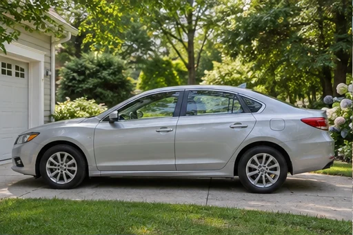 Silver sedan parked beside a home