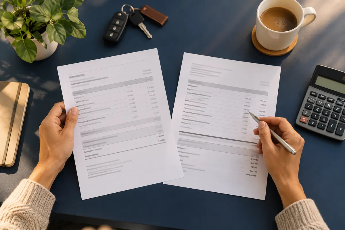 Car keys and calculator beside papers being compared